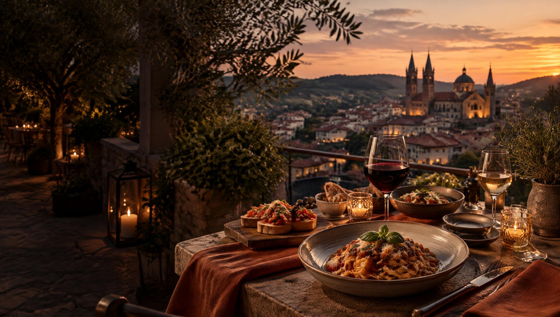 Italienische Spezialitäten auf einer Panoramaterrasse bei Sonnenuntergang